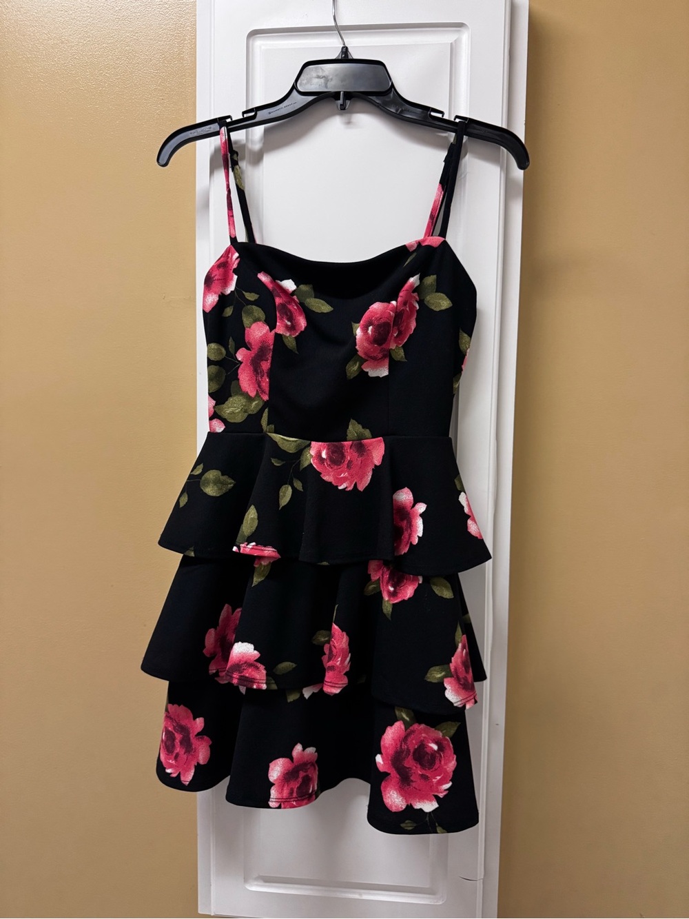Mi Ami  Black Mini Dress with Pink and Olive Floral Accents